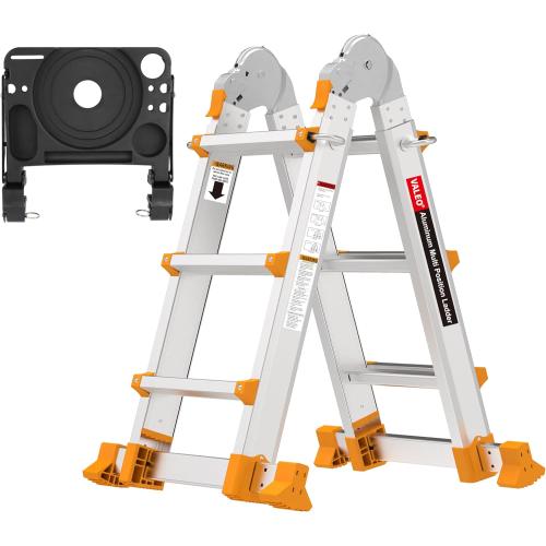 Silver Valeo Ladder 11FT, Multi Position 3 Step Ladder Extension, Anti-Slip A Frame Folding Ladder with Removable Tool Tray, 330lbs Adjustable Telescopic Aluminum Ladders for Stairs Home Indoor Outdoor Roof