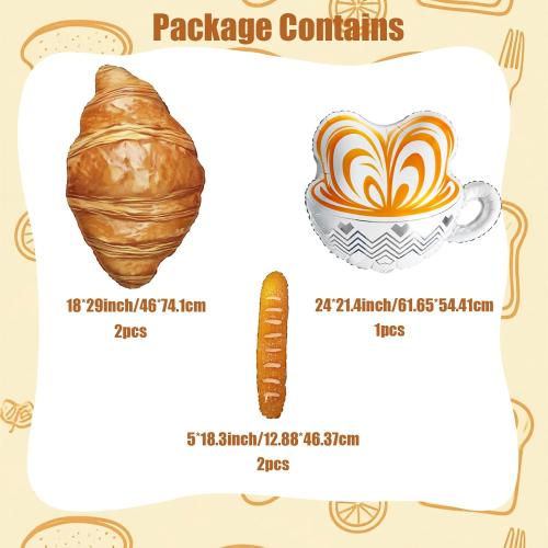 Croissant Coffee Balloons | Brunch Decorations, Paris Party Decorations | Croissant Baguette Latte Cup Foil Balloons for Coffee Bar Decor , French Party Decor, Cafe Party Decorations