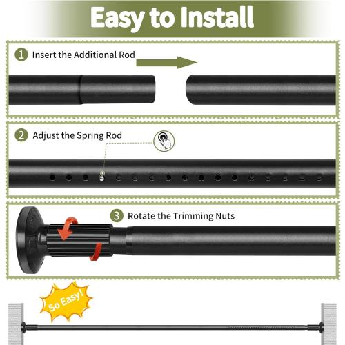 Tension Shower Curtain Rod 51-126In(4.25-10.5Ft), Long Shower Curtain Rod No Drilling for Window or Bathroom Patio, Adjustable Spring Shower Rod, Easy to Install Never Rust Rod Diameter 1.26Inch-Black