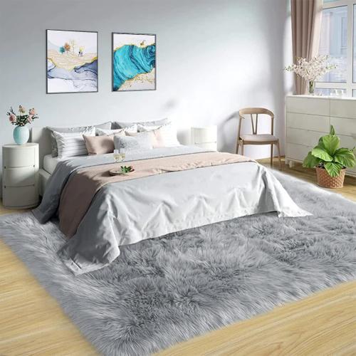 Latepis Grey Faux Fur 7'10x9'10 Area Rug, Soft Plush Faux Fur Sheepskin Rugs for Living Room, Washable Fluffy Fuzzy Rug for Bedroom and Living Room, Luxury Room Decor, Rectangle