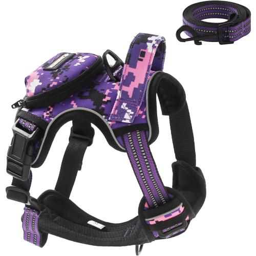Size M No Pull Dog Harness for Medium Dogs, Adjustable No Choke Pet Vest with Dog Leash Fit Smart Reflective Pet Walking Harness for Training Easy Control Soft Handle Purple Camo