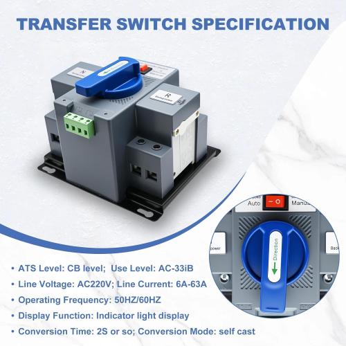 220V 2P 63A Dual Power Automatic Transfer Switch, Generator Changeover Switch 50Hz/60Hz with Automatic and Manual Switching Modes