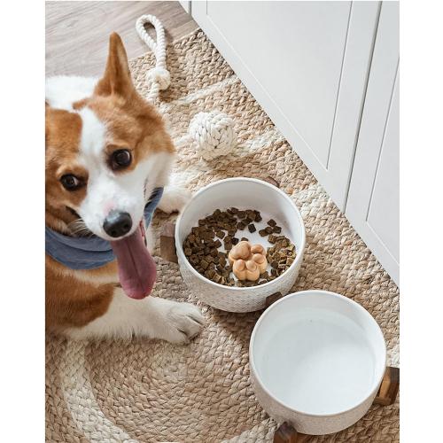 LE TAUCI Dog Bowl Set with Acacia Wood Stand - 1.8-Cup Ceramic Puppy Bowls for Small Dogs, Dual Food and Water Bowls with Weighted Non-Slip Base