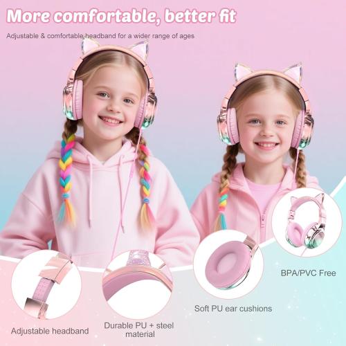 QearFun USB C Kids Cat Ear Wired Headphones with Mic, 85/94dB Volume Limit