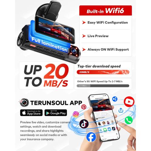 4K 4K 1080P Dash Cam Front and Rear with Cabin, Free 128GB Card Included, WiFi 6 - up to 20MB/s, IR Night Vision, Built-in GPS, G-Sensor, 170°Wide Angle, 24H Parking Mode, Support 512GB Max