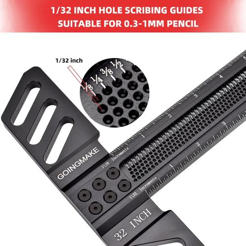 Woodworking T-Square 32 Inch Aluminum Alloy T Square Ruler 1/32 Hole Scrbing Guides Positioning Scribe Tool Precision Woodworking Ruler Scribing Tool for Carpenter Layout and Measuring