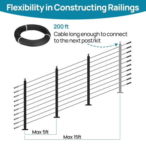 Size 36 Complete Set 10-15FT Stair Cable Railing System Black Stainless Steel Stair Railing Post Kit with Adjustable Top for 25-35 Degrees No Handrail for Indoor Outdoor Deck Stairway DIY HU02