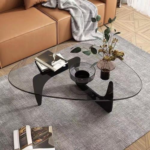 Triangle Coffee Table in Walnut Mid Century Modern Solid Wood Base and Triangle Clear Glass Coffee Table for Living Room Low Minimalist Tea Table Coffee Tables (36 * 25.6 * 16, Black Transparent)