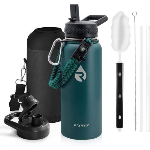 Insulated Water Bottle 32 oz, Triple Wall Vacuum Stainless Steel (Cold for 48 Hrs), Leak Proof & Non-BPA, Modern Water Flask Jug with Paracord Handle & Straw Spout Lids, Dark Green