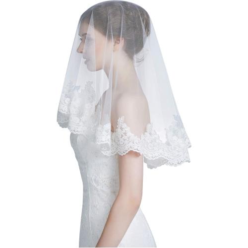 Wedding Bridal Veil with Comb 1 Tier Lace Applique Edge Ivory Fingertip Length