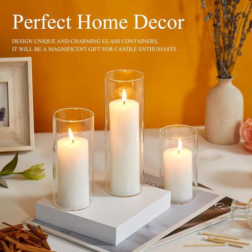 Set of 6 White Pillar Candles with Clear Glass Hurricane Holders- Elegant Cylinder Candle Vases for Weddings, Parties, Centerpieces, Home & Office Decor (White, 6 Set)