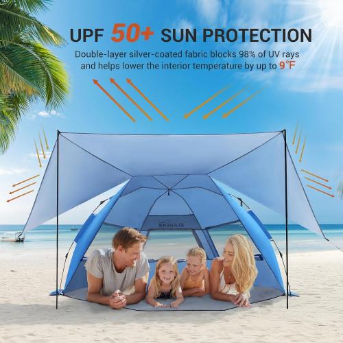 Elegear CumbreX™ Beach Tent with 360° Removable Canopy, 4-6 Person Pop Up Sun Shade Shelter, UPF 50  Automated Installation Double Silver Coating Portable Lightweight Beach Cabana for Beach/Outdoor