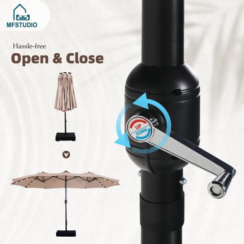Size 15ft Color  beige Double Sided Patio Umbrella with Solar Lights, Outdoor Large Umbrellas with Crank Handle and 36 LED Lights, Rectangular Market Umbrella with Base Included for Deck Pool Shade, Beige