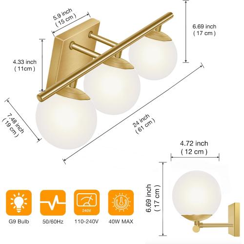 YHTlaeh New Bathroom Vanity Light 3 Lights Fixtures Brushed Brass Milk White Globe Glass Shade Modern Wall Bar Sconce Over Mirror (Exclude G9 Bulb)
