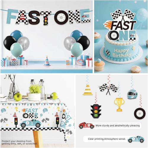 Xynic 160pcs Fast One Birthday Decorations For Boys Tableware Complete Party Set, Fast One Birthday Decorations, Blue Race Car & Car Theme 1st Party Supplies Boy, Serves 20 Guests
