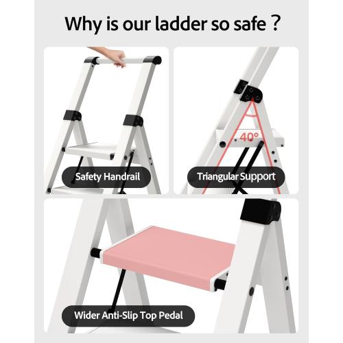 Taranta 3 Step Ladder, Lightweight Aluminum Step Stool with Convenient Handgrip, Folding Ladder with Anti-Slip Pedals, 330lbs Capacity Stepladder for Home, Office, Kitchen - White