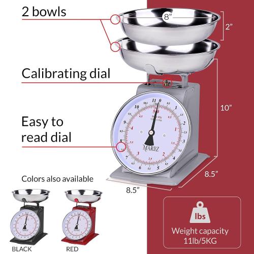 MARLIZ 11 lb/ 5Kg Old Antique Style Mechanical Kitchen Scale with 2 Bowls | Analog Food Weight Scales for Kitchen | Grey