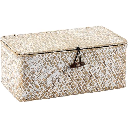 Hipiwe Wicker Shelf Baskets with Lid, X-Small Woven Seagrass Basket Bin | Rectangular Storage Baskets Household Basket Boxes for Shelf Home Organizer and Decor, Whitewash