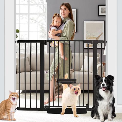 37 Inch Tall Baby Gate with Cat Door, Adjustable 29.55 and -46.06,Auto Close Pet Gate Easy Walk Thru Pet Door for Stairs, Doorway, House, Pressure Mounted Safety Child Gates