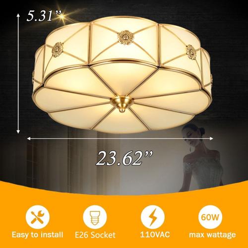 Size 23.62  Mid Century Brass Flush Mount Ceiling Light, 6-Light LED Brass and Glass Ceiling Lamp, Frosted Glass Shade Modern Light, Close to Ceiling Light Decorative for Bedroom Living Room(23.62 W)