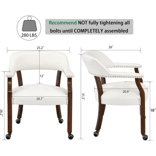 LEEMTORIG Large Dining Chairs with Casters and Arms, Rolling Dining Chairs with Wheels, Accent Game Poker Chairs, Wood Boss Caption's Chairs, 26“Dx25.2 Wx31.5“H, Cherry Legs & Ivory PU, SY-1533-WT