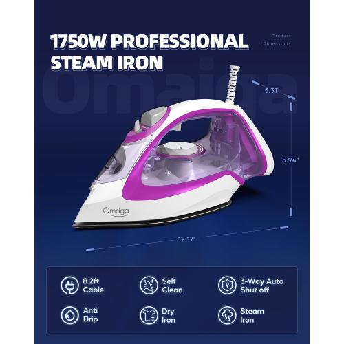 OMAIGA 1750W Steam Iron for Clothes, 450ml Large Water Tank, Self-Cleaning