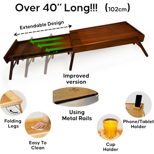 Breakfast Bed Table Tray for Two - One Piece, Dual Use Couple Bed Tray with Cup recesses - Food Trays for Eating on Couch, Space Saving Breakfast Table - Gift Ready - Acacia Wood