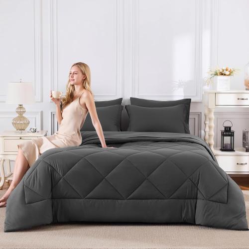 CozyLux Queen Comforter Set Dark Grey - Bed in a Bag Queen Size 7 Pieces, Luxury Soft Bed Set for All Seasons, Bedding Set with Comforter, Sheets, Pillowcases & Shams, Dark Gray, Queen