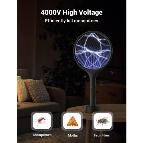 YISSVIC Electric Fly Swatter 4000V Bug Zapper Racket Dual Modes Mosquito Killer with Purple Mosquito Light Rechargeable for Indoor Home Office Backyard Patio Camping (Black-1 Pack)