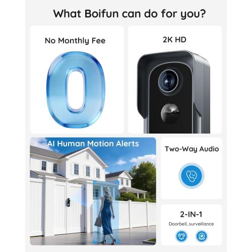 BOIFUN Video Doorbell Camera Wireless – No Subscription Required, 2K HD