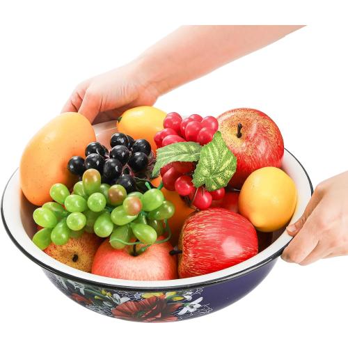 Lawei Set of 2 Enamel Bowl, 4 Quart Large Enamel Salad Serving Mixing Bowl with Black Rim, Vintage Enamelware Plate Dish for Fruit Salad Pasta Soup Dinner, Round Dough Making Bowl Washing Basin, 12in