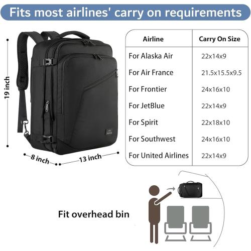 MATEIN Carry on Backpack, Extra Large Travel Backpack Expandable Airplane Approved Weekender Bag for Men and Women, Water Resistant Lightweight Daypack for Flight 40L, Black
