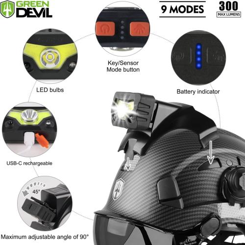 GREEN DEVIL Hard Hat Safety Helmet with Visor Bluetooth Ear Muffs and Headlamp 5 in 1 Full Protection Vented Work Hardhat ANSI Z89.1 Cascos De Construccion for Industrial Construction Forestry