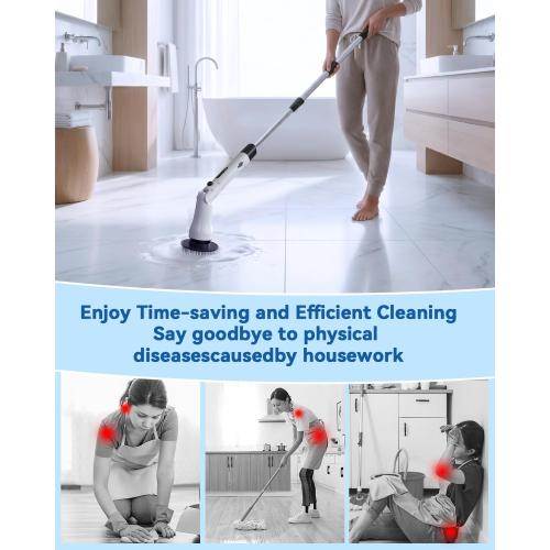 Electric Spin Scrubber, Hillyfe Bathroom Scrubber Electric with 7 Replaceable Brush Heads, IPX7 Waterproof,300/400 RPM, 3 Adjustable Length,Scrubber Brush Electric for Bathtub Floor,White