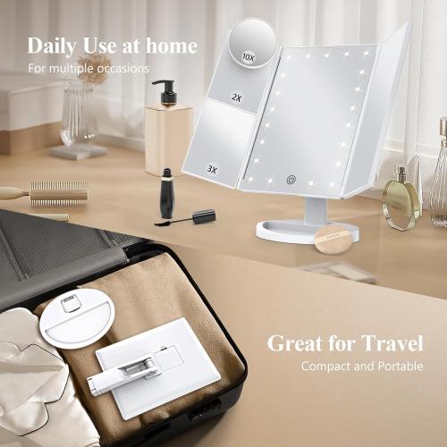 HUONUL Makeup Mirror, Vanity Mirror with Lights, 2X/3X/10X Magnification, Touch Control, Trifold, Dual Power Supply, Gifts Mothers Day for Mom,Gifts for Women, Wife, Girls,Dorm Room Essentials