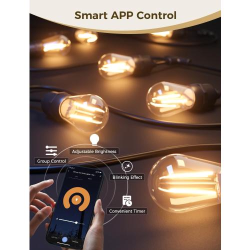 XMCOSY  Smart Outdoor String Lights, 123Ft LED Patio Lights Waterproof IP65, App Control, Compatible with Alexa, Dimmable Edison Bulbs Outdoor Light for Yard Porch Bistro Outside