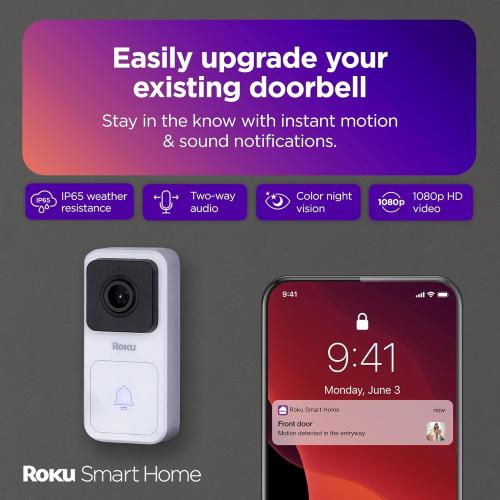 Roku Smart Home Wired Video Doorbell & Chime - 1080p HD Night Vision Ultrawide View Doorbell Camera with Motion & Sound Detection, 2-Way Audio & Works with Alexa & Google, 90-Day Subscription Included