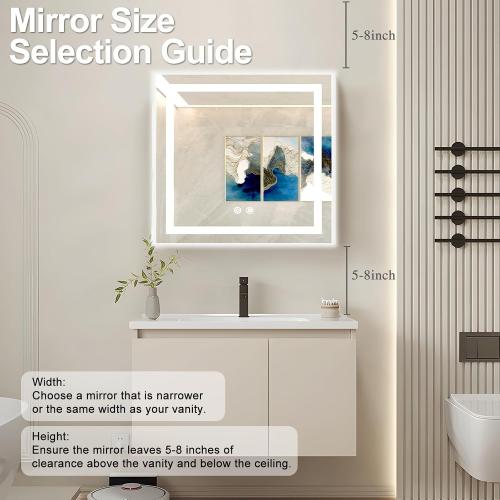 32 X 32 Inch Square LED Bathroom Vanity Mirror, 3 Colors Light Dimmable, Wall Mounted Memory Lighted Makeup Mirror with Anti-Fog Touch Switch (Front-lit&Backlit)