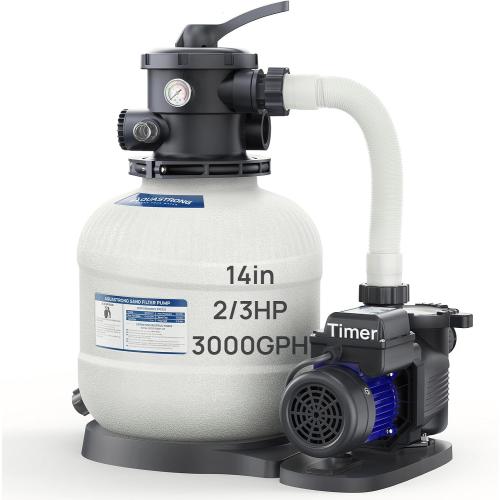 AQUASTRONG 14in Sand Filter Pump for Above Ground Pool with Timer, 2/3 HP Pool Pumps Above Ground 3000 GPH for Pools up to 13000 GAL, Pool Filter with 6-Way Valve, Improved Circulation and Filtration