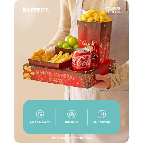 Baffect Movie Night Snack Trays 100pcs Include 20 Movie Night Trays, 20 Popcorn Boxes, 20 Salad Bowls, 20 Nacho Bowls, 20 Movie Party Invitations, Outdoor Movie Night Supplies For Nacho Bar