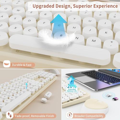 HotFox Wireless Keyboard and Mouse Combo, Full-Size Retro Typewriter Keyboard with Round Keycaps, Ergonomic Design for Windows PC, Home and Office Use - Cream