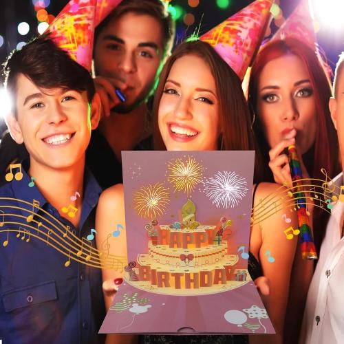 Musical, Firework, 3D Popup Birthday Cards with Light and Music, Blowable, Plays Hit Song 'Happy Birthday', for Women, Men and Kids