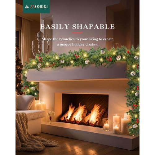 Pre-lit Christmas Garland, 9FT Lighted Christmas Garland Indoor with Red Berries & Pine Cone for Stairs Wall Door Outdoor Holiday Decor with Battery Operated Timer, Artificial Xmas Garland