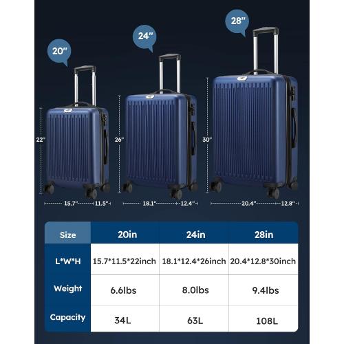 Size Large Color Blue 3 Piece Luggage Sets Expandable, Hardshell Travel Suitcase with Double Spinner Wheels and TSA Lock