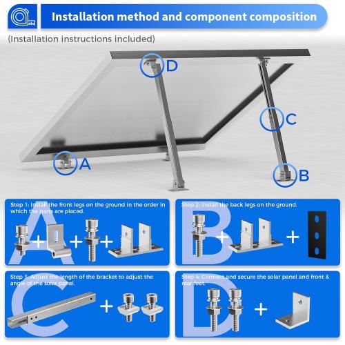 SILVER 2 Set Adjustable Solar Panel Tilt Mount Brackets Aluminum Alloy Mounting Bracket Stand Systems Support 50W 70W 100W 150W 200W 300W 400W Panels for Roof/Boat/Flat Surface