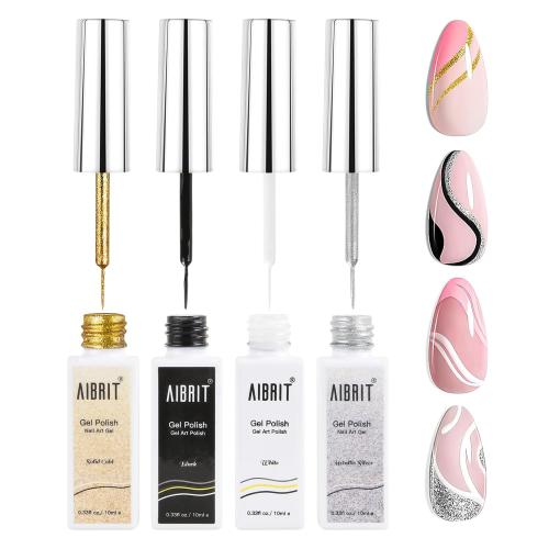 Gel Liner Art Polish Set 10ml, 4 Colors Black White Gold Silver Design Paint with Thin Brush in Bottle for Swirl/Euphoria French Tips Manicure Painting DIY at Home