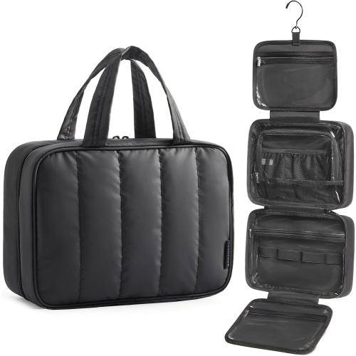 BAGSMART Travel Toiletry Bag for women, Portable Hanging Hook Makeup Bag Organizer, Waterproof Makeup Cosmetic Bag, for Full-Size Accessories, Toiletries,Black