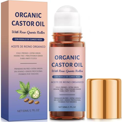 Organic Castor Oil with Rose Quartz Roller, 100% Pure Cold-Pressed, Organic Castor Oil Roll On Rose Quartz, Hexane-Free,Amber Glass Bottle for Skin 1.7oz (1 PCS)