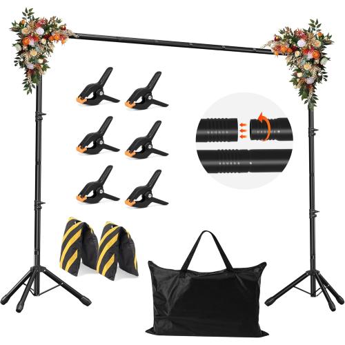 Color Black JSungo Backdrop Stand, Adjustable 10x7.5 FT Background Stand Backdrop for Parties, Photo Video Studio, Portable Photography Backdrop Stand with Carrying Bag, 6 Backdrop Clamps, and 2 Stand Bags