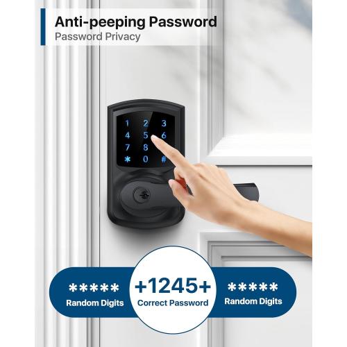Keyless Entry Door Lock with Keypad and Handle for Front Doors, Touchscreen Deadbolt, Anti-peep Password, Auto-Locking, Matte Black